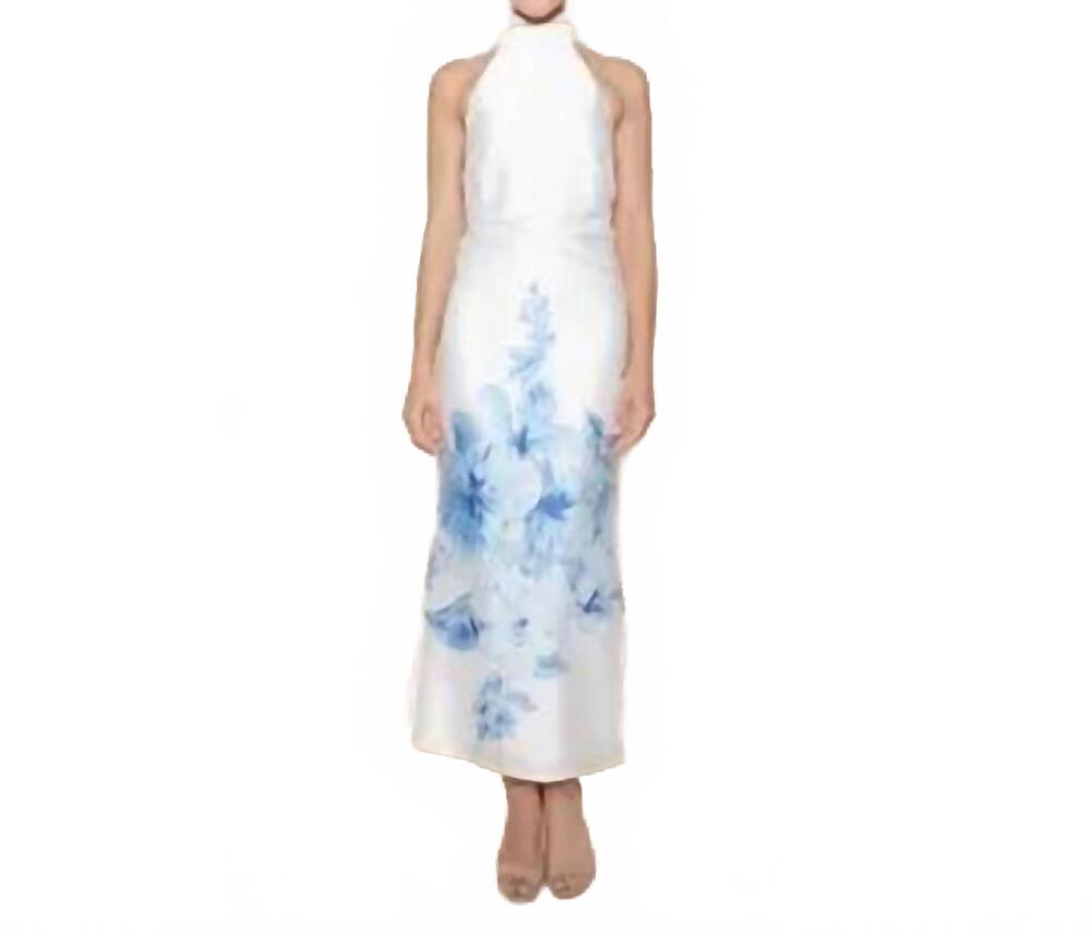 NEW FORE COLLECTION halter back neck bow maxi dress in white/blue floral